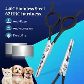 Momotou 4.5" Small Dog Grooming Scissors with Comfortable Non-slip Handle and Safety Round Tip 440C Thinning Sharp Blades Dog Shears for Eyes, Ears and Paws Easy to Use.