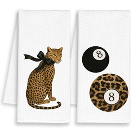 Dimurela Leopard Preppy Disco 8 Ball Kitchen Towels Set of 2,Cheetah Hand Towels Decor for Bathroom Girly Room, Bow Coquette Dish Towel,Trendy Funky Tea Bar Waffle Towel for College Dorm Girls 16x24in