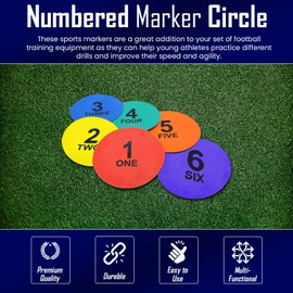 Splay Sequence Numbered Markers Circle | Indoor Outdoor Sports Training Equipment | Speed & Agility Football Training Flat Marker | Numbered 1 to 6 (Set of 6)