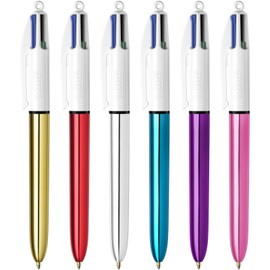 BIC 4 Colours Shine Ballpoint Pens Medium Point (1.0 mm) - Assorted Metallic Barrels, Box of 12