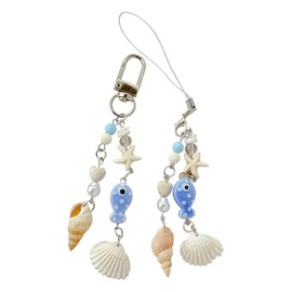 UUYYEO 2 Pcs Ocean Starfish Shell Keychain and Phone Charms Heart Bead Bag Keychain Charms Cute Small Fish Purse Charms Sea Star Seashell Cellphone Charms Beach Theme Keychain Charms for Women