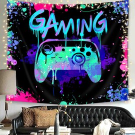 Imirell Gaming Tapestry 78Wx59H Inches Game Gamer Controller Teal for Teen Boys Man Hippe Modern Colorful Graffiti Unique Video Art Hanging Bedroom Living Room Dorm Wall Blankets Home Decor Fabric