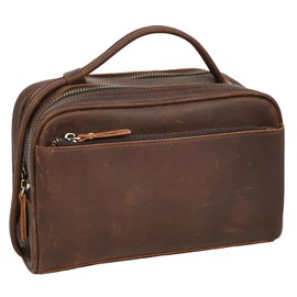 Real Leather Toiletry Bag, Wash Bag Shaving Kit, Cosmetics Pouch Zipper Travel Midnight AYD6 (Rust Brown)