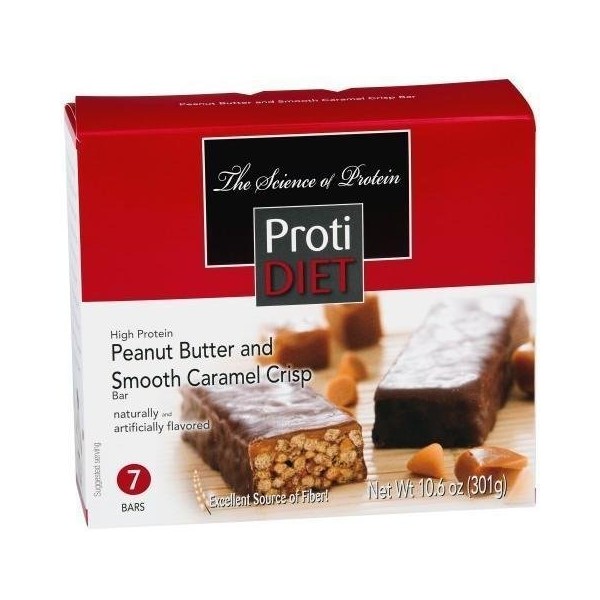 ProtiDiet - High Protein Diet Bar | Peanut Butter & Smooth Caramel Crisp | Low Calorie, High Fiber, Aspartame Free ( 7/Box )