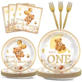 96Pcs Teddy Bear Birthday Party Plates and Napkins for Bear 1st Birthday Party Supplies ONE Teddy Bear Themed Paper Dessert Plates Teddy Tableware Set for Kids Boy 24 Guests Birthday Party Decorations