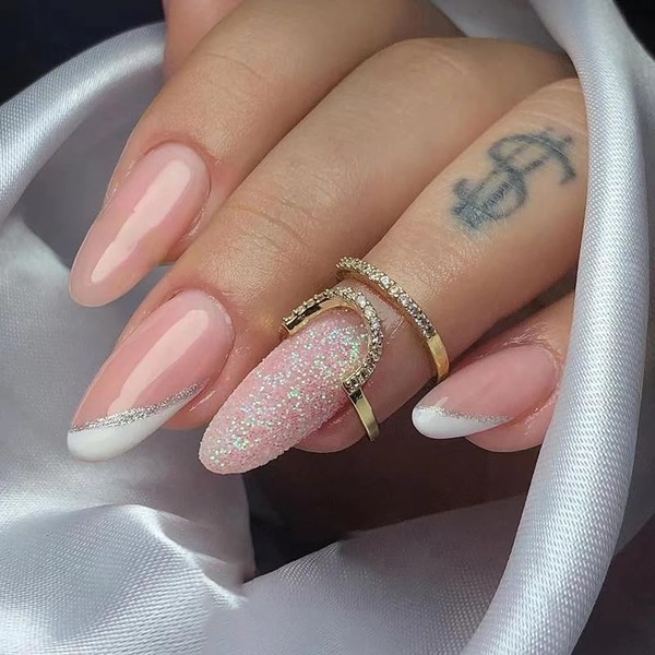 Long Almond False Press On Nails 24PCS, White Slanting French