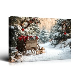 Christmas Gift Winter Wall Decor Snowy Wagon with Pine Branches & Ornaments, Great for Festive Cheer & Home Christmas DecorColor: multi color, Size: 24*16 inch