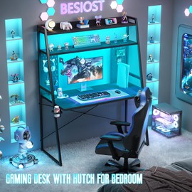 Besiost Small Gaming Desk with Hutch and LED Lights, Gaming Computer Desk with Power Outlets, Gamer Desk with Storage Shelves, Game Desks with Pegboards for Bedroom Small Spaces, Black, 43"