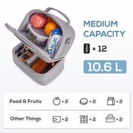 TOURIT Lunch Bag Women Double Deck Lunch Box Insulated Lunch Cooler for Women Men Work, Gray