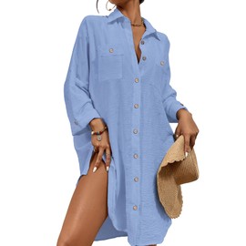 Bsubseach Womens Modern Swimsuit Cover Up Blouse Button Down Shirt Dresses Tops Sky Blue