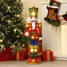 LuxenHome 3FT Tall Nutcracker Christmas Decoration, Lighted Holiday Nutcracker Soldier Statue Festival Wreath, Christmas Decorations Indoor, Outdoor Figures for Front Porch, Red and Green