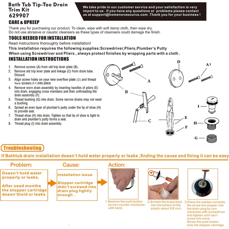 Artiwell Tip-Toe Bathtub Drains Trim Set with Two-Hole Overflow Faceplate,
