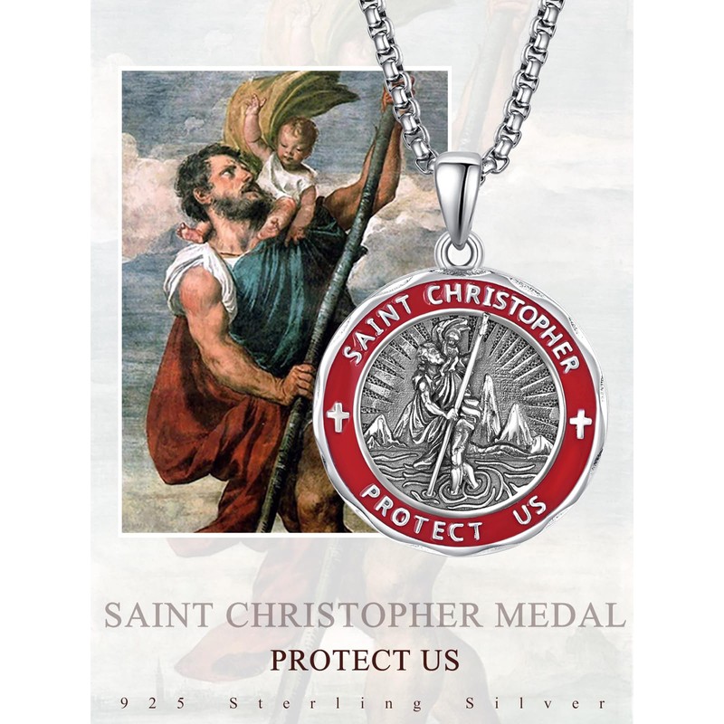 ADMETUS Red St Christopher Necklace Mens Sterling Silver St Christopher