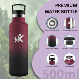 Grsta Stainless Steel Water Bottle, 500 ml, Leak-Proof, BPA-Free, Water Bottle with Straw, Double-Walled Vacuum Insulated, Metal Drinking Bottle, for School, Travel, Camping