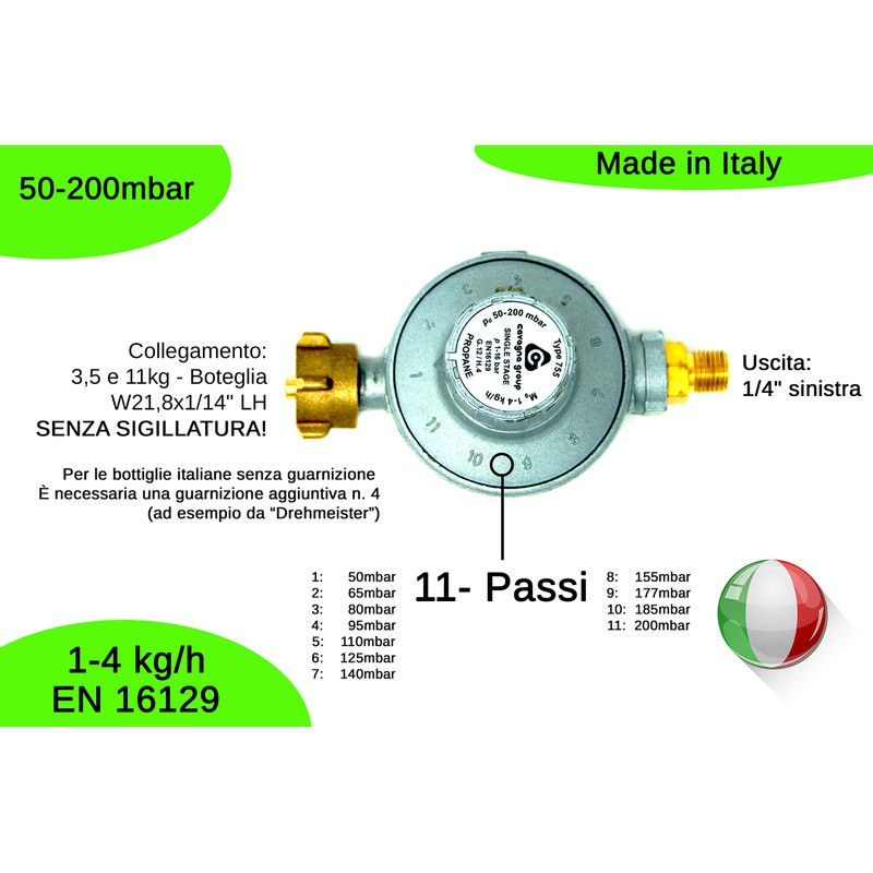 CAVAGNA Low Pressure Regulator 50-200 mbar 11-Level Adjustable Gas Pressure