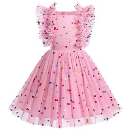 Blush Pink Flower Girl Dress Color Polka Dots Pleated A-line Tutu Tulle Dress for Toddler Kids Ruffle Sleeveless Princess Birthday Party Pageant Wedding Bridesmaid Formal Occasion Pink Dots 3-4T