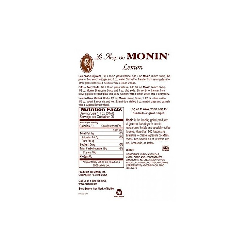 Monin Lemon Syrup, 33.8-Ounce Plastic Bottle (1 liter)