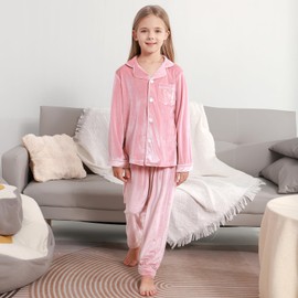 Weixinbuy Girls Velvet Pajamas Set Long Sleeve Solid Lounge Set Laple Button Down Pj Sets 4-14Y Kids Fall Winter Sleepwear Pink