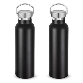 Neihepal 20 oz Insulated Water Bottles Bulk 2 Pack,Stainless Steel Double Wall Sport Bottle with Lid of Handle,Metal Reusable Thermoses Flask with Cup Cap for School,Hikers,Gift (Black,Set of 2)