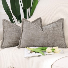 Madizz Set of 2 Chenille Velvet Cushion Covers with Flange Soft Boho Textured Throw Pillow Covers Broadside Pillowcases Modern Farmhouse Home Decor for Sofa Bedroom Taupe 12x20 inch, 30x50 cm
