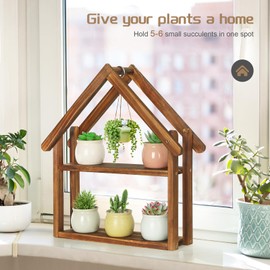 Jotsport 2 Tier Windowsill Plant Stand Small House Wood Plant Shelf Desktop Succulents Holder for Kitchen Living Room Office