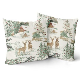 Winter Pillow Covers 18x18 Set of 2 Rustic Deer Tree Cabin Brown Auqa Winter Themed Style Forest Print Decorative Outdoor Pillowcases Christmas Farmhouse Throw Cushion Case Decor for Couch Sofa Bed