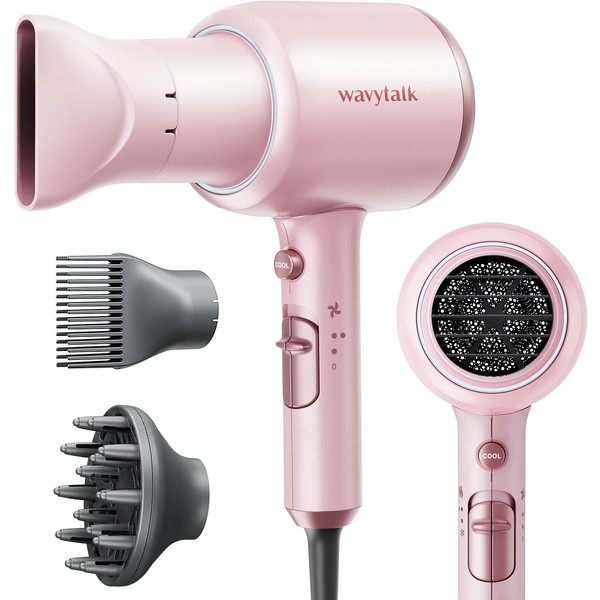 Wavytalk Professional Hair Dryer with Diffuser 1875W Power Dryer, Blow Dryer Ionic Hair Dryer for Women with Constant Temperature, Fast Drying &Low Noise, Millennial Pink