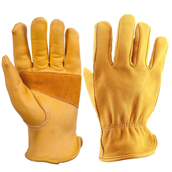 OZERO Work Gloves, Cowhide Leather Gloves (Genuine Leather), Heat Resistant Gloves, For Camping, Bonfires, Outdoors, Gardening, Barbecues, Welding, Fireproof, Abrasion-resistant, Yellow, S, M, L, XL, L