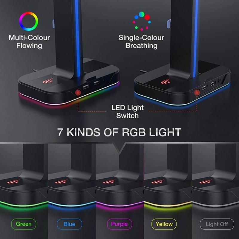 Havit RGB Headset Stand with Dual Hanger and 2 USB