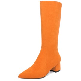 NUMALEO Women's Low Heel Suede Zip Fashion Solid Chunky Party 2 Inch Knee High Pointed Toe Boots Hot Orange Size 9 - Tacones Altos de Mujer