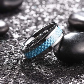 King Will 8mm Men's Silver Tungsten Carbide Ring Light Blue Carbon Fiber Inlay - GENTLEMAN Wedding Band for Men, Polished Finish, Beveled Edge, Comfort Fit, Size 8, Exclusive Jewelry Box Included
