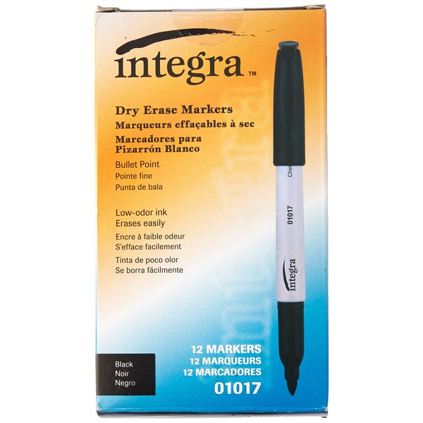 Integra Dry Erase Marker, Bullet Tip, Black (ITA01017), pack of 12