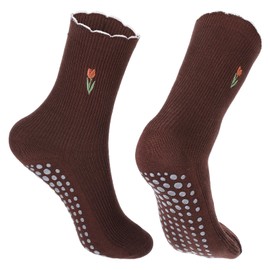 TIESOME Home Pilates Grip Socks for Women with Non Slip Grippers, Yoga Grippy Crew Socks Cute Ballet Accessory with Ruffle Cuff Embroidery Design for Barre Hospital (dark brown)