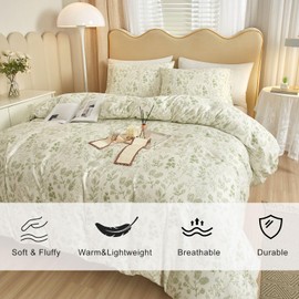 EAVD Fresh Green Floral Comforter Set King White Fluffy Soft Microfiber Chic Garden Floral Bedding King Bed Comforter and 2 Pillowcases Reversible Vintage Botanical Comforter Set for All-Season