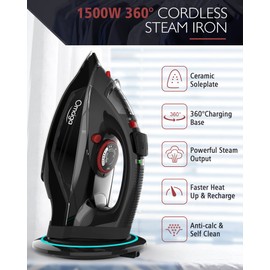 OMAIGA Cordless Iron for Clothes, 1500W Steam Iron with Non-Stick Ceramic Soleplate, Auto Shut Off, Self-Clean, Burst of Steam, Anti-calc, 3 Temperature Settings, 11.84oz Water Tank, Black