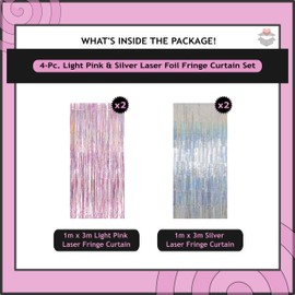 Fringe Foil Curtains Tinsel Party Backdrop Streamers | 4-Pc Pink & Silver Laser Metallic Birthday Decoration Set for Anniversary, Wedding, New Year, Graduation, Celebrations | Party TIME!