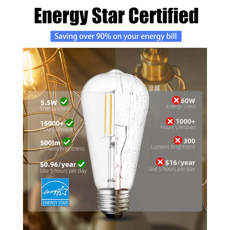 Lumiverse Edison Bulbs 60W Equivalent, Dimmable LED Light Bulbs, CRI