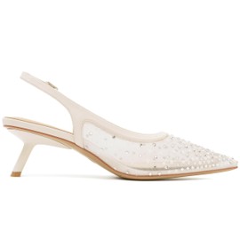 Mostrin Beige Mesh Kitten Heels for Women with Pearl Studded Pointed Toe Slingback Low Heels Rhinestone Dressy Pumps Shoes for Party Size 8