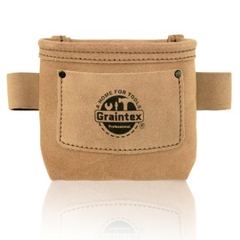 Graintex Nail, Screw Pouch with Clip Suede Leather, Universal Steel Clip for Belt, Riveted for Durability, for Constructors, Electricians, Plumbers, Handyman (Beige)