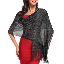 Sparkling Metallic Shawls and Wraps for Evening Party Formal Dresses Wedding Bridesmaid (with Free Scarf Buckle), I# Black & Silver
