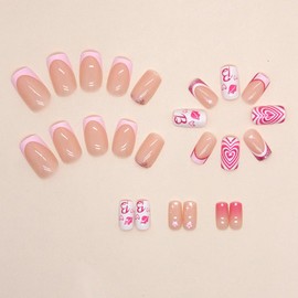 CEWEWP Medium Square Acrylic False Nails, 24pcs Press on Nails with Pink French Tip, Glossy Pink Flowers Design, Full Cover Artificial Stick on Nails for Women