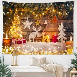 JOTOM Christmas Wall Tapestry Winter Wall Hanging Xmas Elk Blanket Tapestries Home Chirstmas Decorations Tree Reindeer Snow Stars Wall Art for Living Room Bedroom Party DormDecor 150x130cm (Elk Gift)