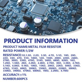 Innfeeltech 1/2 W 1% Tolerance 1~4.7M Ohm Metal Film Resistor Kit, 600 Pieces, 60 Values, 10 Pieces Each