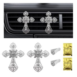 KVAEY 2 PCS Bling Car Air Vent Clip, Crystal Cross Air Conditioner Outlet Air Fresheners Vent Clips, Sparkly Bedazzled Decor Rhinestone Cross Diffuser Clip, Interior Car Accessories (Silver)
