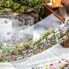 PET Washi Tape 6 Rolls Wide Flowers Transparent Ephemera Light Decorative Aesthetic Floral Stickers Set for Junk Journaling, Scrapbook Supplies, Crafting, DIY Projects