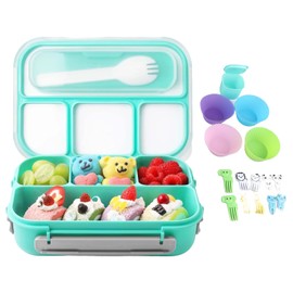 Haofy 16PCS Bento Box Kids Set, Reutilizable 1300ml Caja Bento para Niños 4 Compartimentos, Contenedores para Almuerzo, Fiambrera para Adulto con Cuchara Almuerzo de Frutas (Verde)