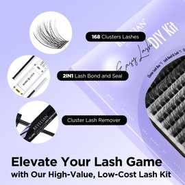 BEYELIAN BEYELIAN EyeLash Extension Kit 168 Pcs Lash Clusters D+ Curl 10-16mm Lash Extension Kit with Lash Bond and Seal and Remover Lash Applicator DIY Lash Clusters Kit Easy to Apply at Home (Style3,Black)