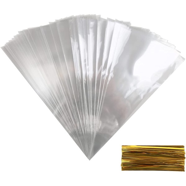 DIYASY Clear Cone Bags,100 Pcs Cellophane Bags Goody Treat Bag with Gold Twist Ties for Party Supplies(6.3’’ x 11.8’’)