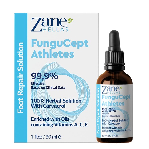Zane Hellas FunguCept Athlete's Repair Solution. 100% natural. Helps with itching, burning, cracking, dandruff. Ideal for those who regularly exercise (running, cycling, etc.) 1 oz - 30 ml.