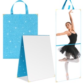 Colingmill Frameless Foldable Glitter Backstage Mirror with Handle 33.5 x 13.5 Inch Glitter Folding Hanging Mirror Rectangular for Travel Dance Bag Home Fitness Spa Gift for Dancers(Blue)